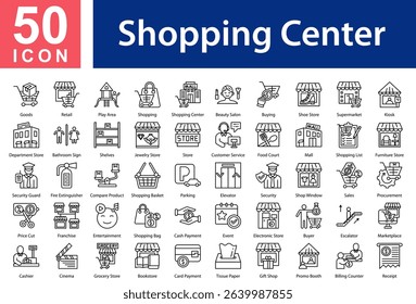 Shopping Center Collection of Icons with Outline Style Containing: Goods,Retail,Play Area,Shopping,Shopping Center,Beauty Salon,Buying,Shoe Store,Supermarket,Kiosk,Department Store,Bathroom Sign