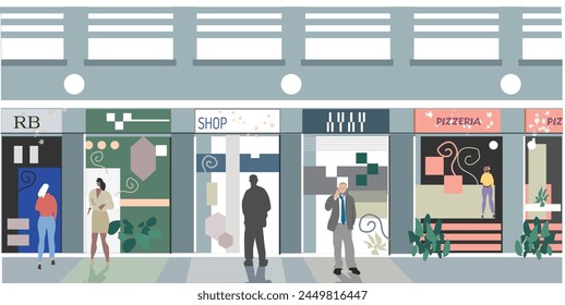 Shopping center, colored shops and people. Vector design