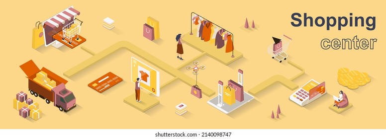 Shopping center concept 3d isometric web banner. People choose clothes in store or make purchases online, pay and use delivery service. Vector illustration for landing page and web template design