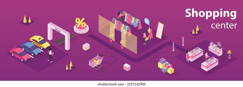 Shopping center concept 3d isometric infographics web banner. People choose clothes in boutique, buy goods on shelves of store in seasonal sales. Vector illustration in isometry graphic design