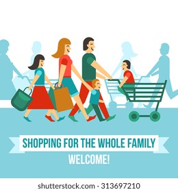Shopping center concept with flat happy people silhouettes vector illustration