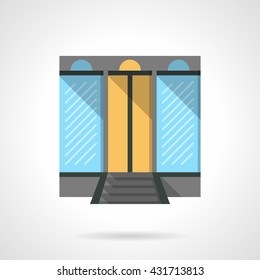 Shopping center facade with large glass windows. Commercial building. Storefront and showcases. Flat color style vector icon