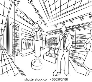 Shopping center with fashion stores. Interior design in sketch style. Vintage hand drawn vector illustration
