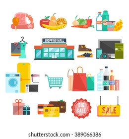 Shopping center flat icons set with food home appiances and goods isolated vector illustration
