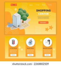 Shopping center flat landing page website template. Fitting room, black friday, barcode scanner. Web banner with header, content and footer. Vector illustration.