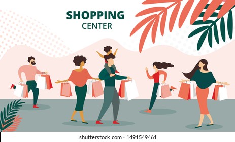 Shopping Center Horizontal Banner, People Visiting Supermarket Shop on Weekend, Young Men and Women Holding Paper Bags, Happy Family with Kids Customers Holiday Offer. Cartoon Flat Vector Illustration