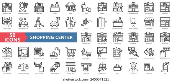 Shopping center icon collection set. Containing destination, retail park, cashier, basket, buyer, strip mall, shelf icon. Simple line vector.