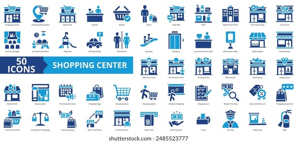 Conjunto de colección de iconos del centro comercial. Conteniendo destino, parque al por menor, cajero, cesta, comprador, centro comercial, icono del estante. Sencillo Vector plano.