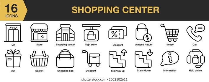 Conjunto de iconos de centro comercial. Incluye ascensor, bolsa de compras, descuento, entrega, carro y más. Colección de Vector de iconos de contorno.