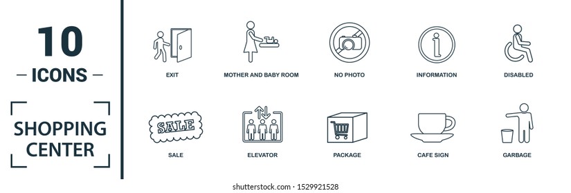 Shopping Center Icons icon set. Include creative elements stairway up, elevator, smoking, disabled, garbage icons. Can be used for report, presentation, diagram, web design.