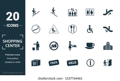 Shopping Center Icons icon set. Include creative elements stairway up, elevator, smoking, disabled, garbage icons. Can be used for report, presentation, diagram, web design.