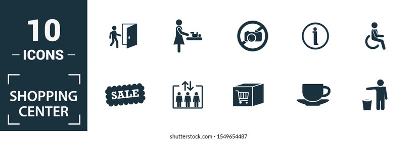 Shopping Center Icons icon set. Include creative elements stairway up, elevator, smoking, disabled, garbage icons. Can be used for report, presentation, diagram, web design.