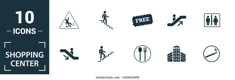 Shopping Center Icons icon set. Include creative elements stairway up, elevator, smoking, disabled, garbage icons. Can be used for report, presentation, diagram, web design.