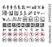 Shopping center or mall information vector sign set. Public building signs for restaurants restroom, elevators, fire exit.