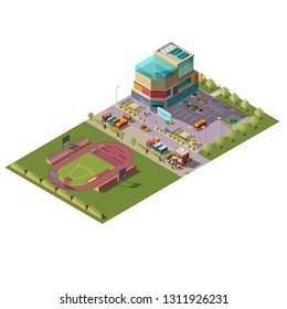 Shopping center or mall with parking, track and field athletics stadium with spectator stand isometric vector illustration isolated on white background. City infrastructure object, cartography element