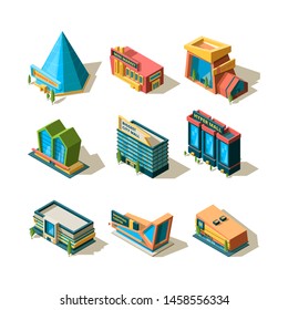 Shopping center. Mall retail commercial complexes architectural modern building store isometric vector. Building and retail supermarket 3d, construction hypermarket illustration