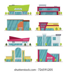 Shopping center, mall and supermarket modern flat vector buildings. Supermarket city and architecture building mall center illustration