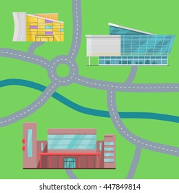 Shopping center map concept. Flat design. Modern commercial building vector illustrations for web design, navigation services, banners. Shop, mall, supermarket, business center on color background.