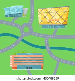 Shopping center map concept. Flat design. Modern commercial building vector illustrations for web design, navigation services, banners. Shop, mall, supermarket, business center on color background.