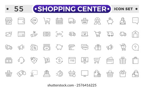 Shopping center outline icon. E-Commerce line icon set. Mobile shop, digital marketing, business, sale, delivery and others. online payment price product promotion purchase quality right.
