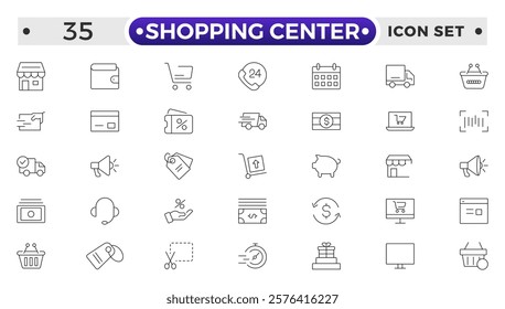 Shopping center outline icon. E-Commerce line icon set. Mobile shop, digital marketing, business, sale, delivery and others. online payment price product promotion purchase quality right.
