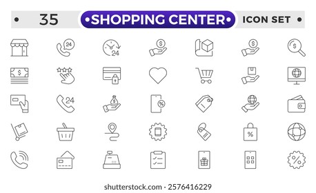 Shopping center outline icon. E-Commerce line icon set. Mobile shop, digital marketing, business, sale, delivery and others. online payment price product promotion purchase quality right.
