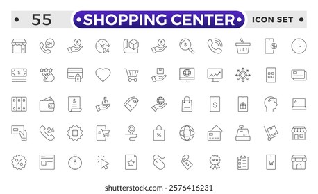 Shopping center outline icon. E-Commerce line icon set. Mobile shop, digital marketing, business, sale, delivery and others. online payment price product promotion purchase quality right.
