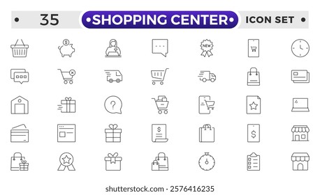 Shopping center outline icon. E-Commerce line icon set. Mobile shop, digital marketing, business, sale, delivery and others. online payment price product promotion purchase quality right.
