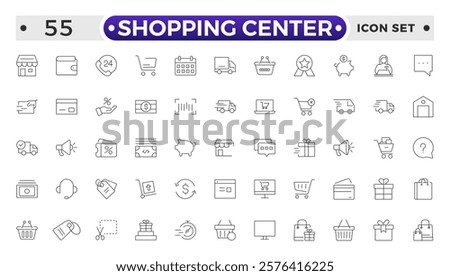 Shopping center outline icon. E-Commerce line icon set. Mobile shop, digital marketing, business, sale, delivery and others. online payment price product promotion purchase quality right.
