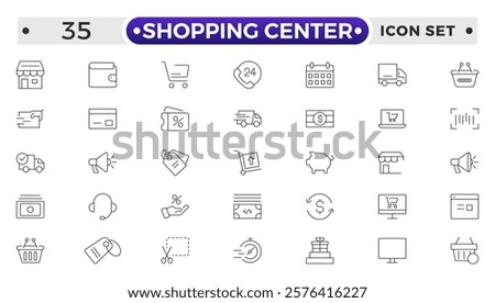 Shopping center outline icon. E-Commerce line icon set. Mobile shop, digital marketing, business, sale, delivery and others. online payment price product promotion purchase quality right.
