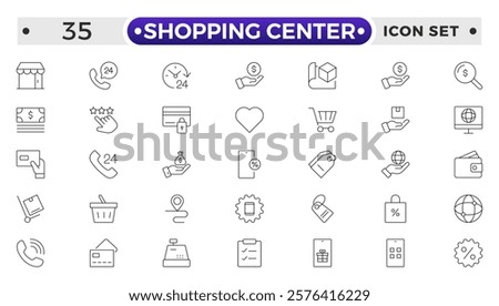 Shopping center outline icon. E-Commerce line icon set. Mobile shop, digital marketing, business, sale, delivery and others. online payment price product promotion purchase quality right.
