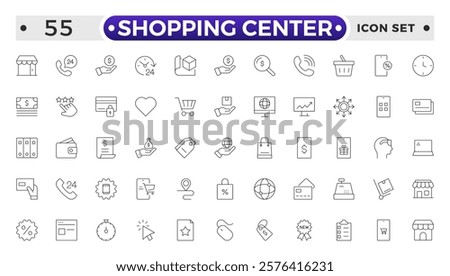 Shopping center outline icon. E-Commerce line icon set. Mobile shop, digital marketing, business, sale, delivery and others. online payment price product promotion purchase quality right.
