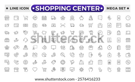 Shopping center outline icon. E-Commerce line icon set. Mobile shop, digital marketing, business, sale, delivery and others. online payment price product promotion purchase quality right.
