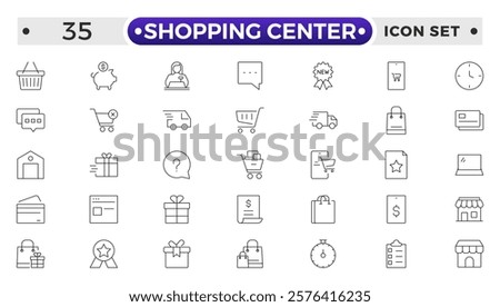 Shopping center outline icon. E-Commerce line icon set. Mobile shop, digital marketing, business, sale, delivery and others. online payment price product promotion purchase quality right.
