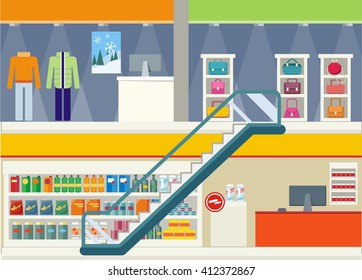 Shopping center storefronts design. Large shopping center with clothing stores and trendy bags on the second floor. Downstairs grocery supermarket with food cashier for payment Vector illustration