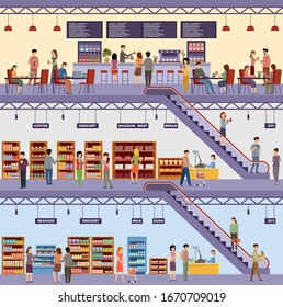 Shopping center. Supermarket. High-rise store. Cafe. Products, milk, bread, groceries, seafood, meat. Men and women buy food. Vector flat illustration.