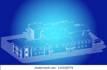 Shopping Center- supermarket and hotel, plans, facades, three-dimensional views. 3d, CAD, realistic. Vector