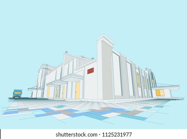 Shopping Center- supermarket and hotel, plans, facades, three-dimensional views. 3d, CAD, perspective, realistic. Vector