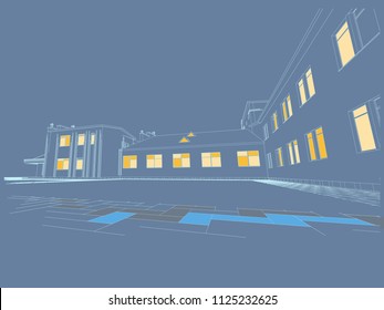 Shopping Center- supermarket and hotel, plans, facades, three-dimensional views. 3d, CAD, perspective, realistic. Vector
