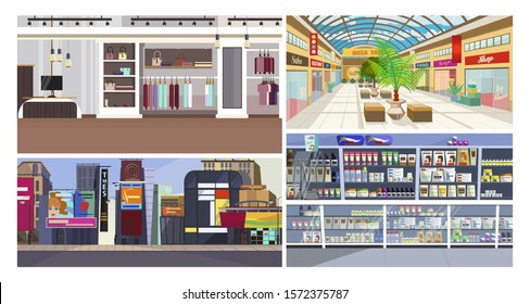 Shopping centers flat vector illustration set. Shop, store, supermarket, boutique. Shopping concept