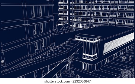 shopping centre below with Residential Apartments on top perspective 3D line sketch drawing illustration vector eps10 blueprint