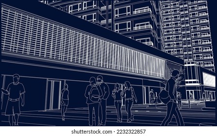 shopping centre below with Residential Apartments on top perspective 3D line drawing illustration vector eps10 blueprint