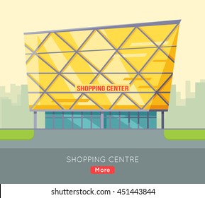 Shopping centre web page template. Flat design. Commercial building concept illustration for web design, banners. Shop, shopping center, mall, supermarket, business center on township background.