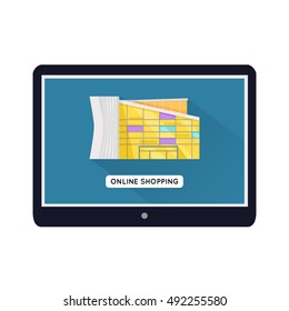 Shopping centre web page template on mobile device. Flat design. Illustration for web design, app icons, online shopping banners. Shop, shopping center, mall, supermarket, business center on screen