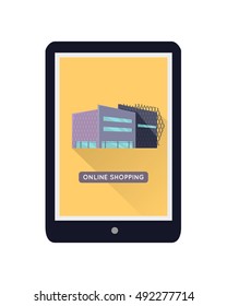 Shopping centre web page template on mobile device. Flat design. Illustration for web design, app icons, online shopping banners. Shop, shopping center, mall, supermarket, business center on screen