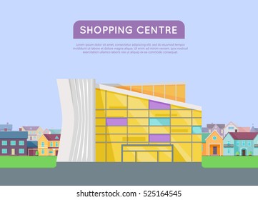 Shopping centre web page template. Flat design. Commercial building concept illustration for web design, banners. Shop, shopping center, mall, supermarket, business center on township background.