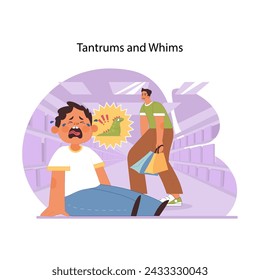 Shopping challenges concept. Father staring annoyed at son having tantrum over dinosaur toy in store aisle, depicting trials of parenting and consumer education. Flat vector illustration