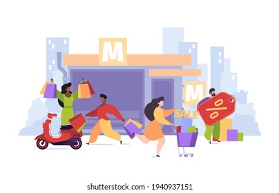 Shopping characters. People with shopping bags walking on street stores in city local markets garish vector background illustration in flat style