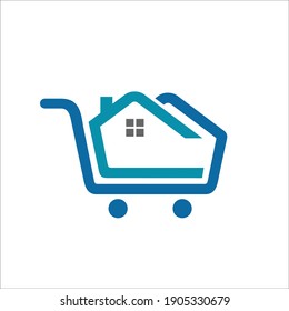 shopping chart with house in the middle, simple flat and abstract design logo.