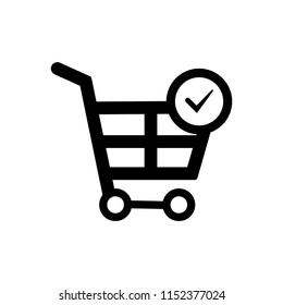 Shopping chart in trendy flat style - shopping chart vector icon, check mark in trolley icon - vector black